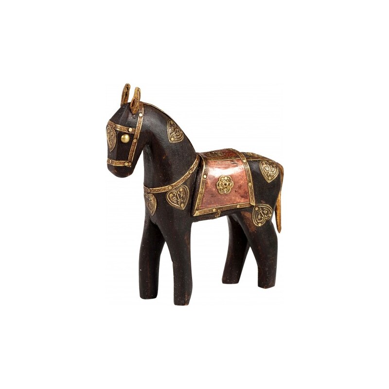 Industrial style, Dřevěný kůň v hnědé barvě se zlatým a starorůžovým zdobením 16x14x3cm (1293)