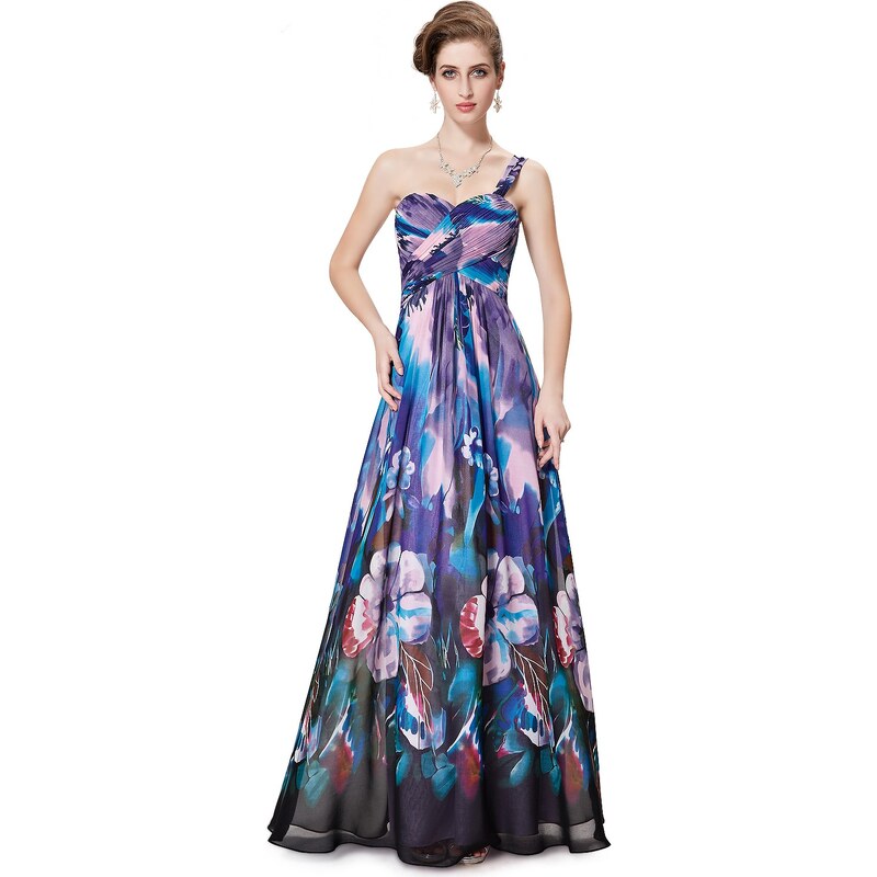 Ever-Pretty Modrofialové květované šaty na jedno rameno