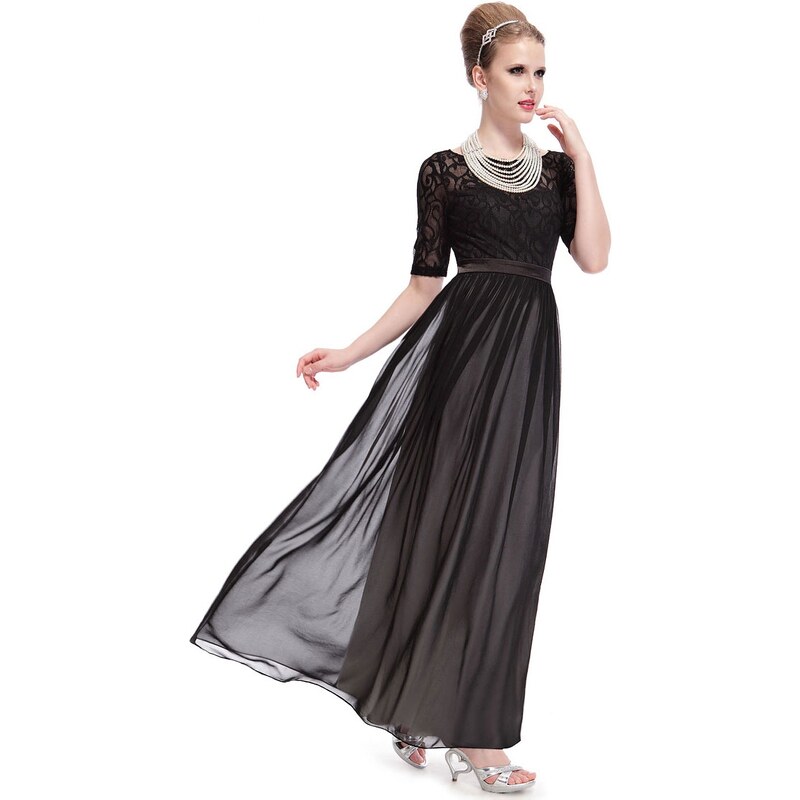 Ever-Pretty Černé šifonové šaty s krajkou a krátkým rukávem
