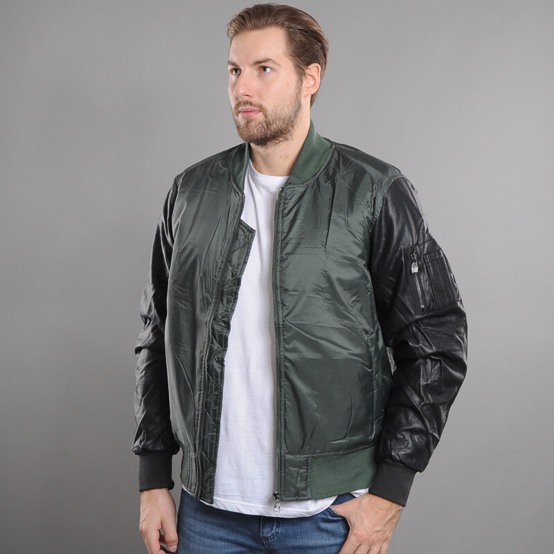 Urban Classics Basic Bomber Leather Imitation Sleeve Jacket olivová / černá