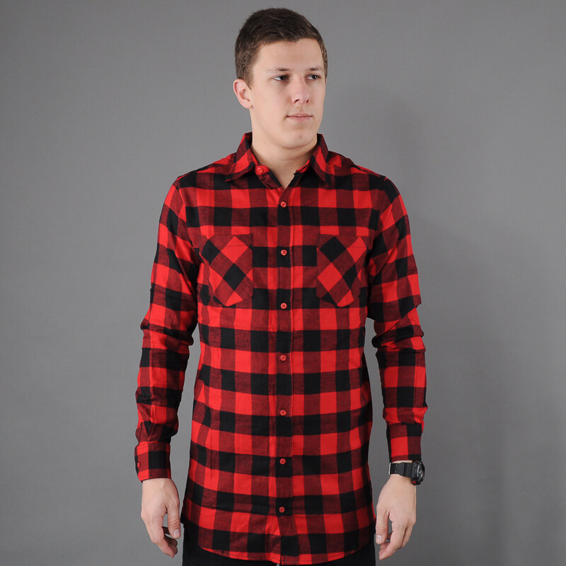 Urban Classics Side-Zip Long Checked Flanell Shirt černá / červená