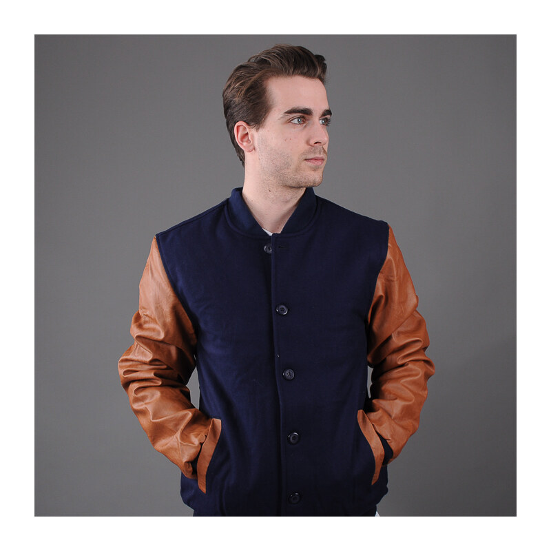 Urban Classics Wool Leather Button Jacket navy / hnědá
