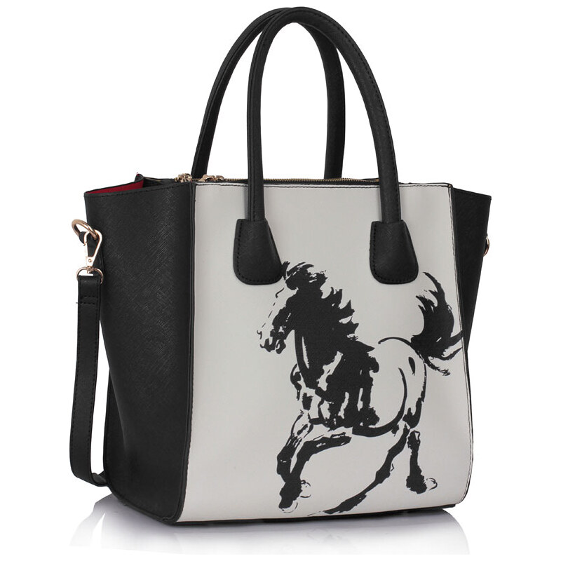 LS fashion LS dámská trojzipová kabelka 61A černo-bílá s koněm