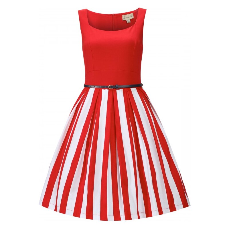 Červené retro šaty s bílými pruhy Lindy Bop Bette