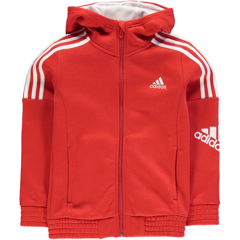 Mikina s kapucí adidas 3 Stripe Logo dět. červená/bílá
