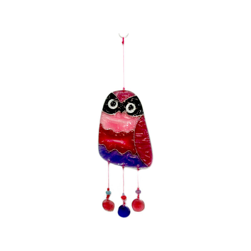 Sarana SMALL OWL fair trade závěsná vitrážová dekorace - červená
