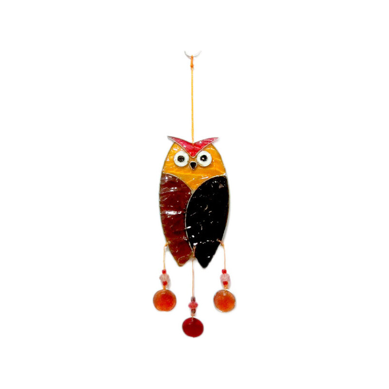 Sarana SMALL OWL fair trade závěsná vitrážová dekorace - hnědá