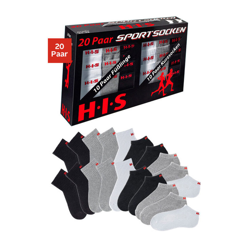 H,I,S Sport. ponožky, H.I.S (20 párů) 3x bílá+3x šedý melír+4x černá