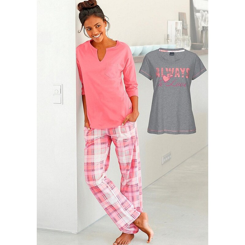 ARIZONA 3-dílné pyžamo z čisté bavlny, Arizona růžová/šedý melír/růž. kostka