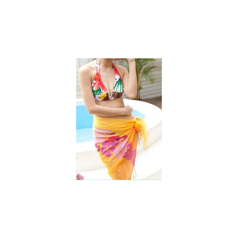 LM moda Sarong, plážový šátek žlutý jemný s květy 015