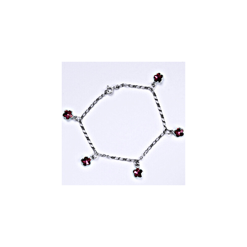 Stříbrný náramek se Swarovski krystaly fuchsia, kytičky, 15944524