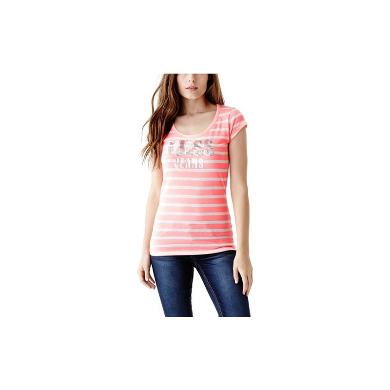 Guess tričko Nella Stripe Logo Růžová multi M