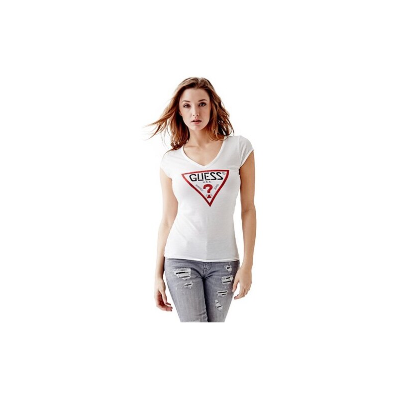 GUESS tričko Short-Sleeve Iconic Logo V-Neck Bílá S