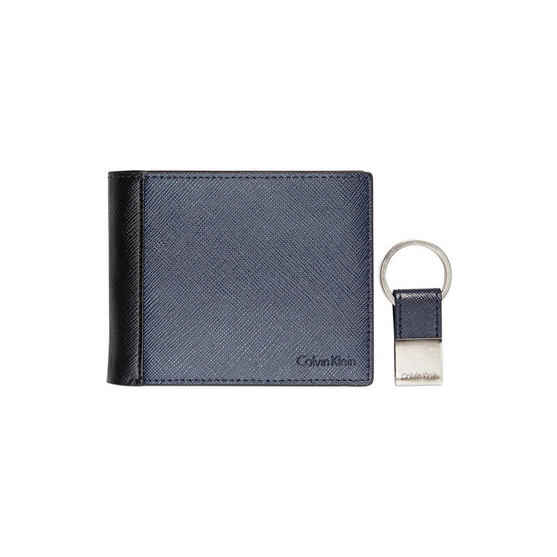 Calvin Klein Pánská modrá peněženka s klíčenkou Saffiano Leather Two-Tone Bifold Wallet&Key Fob