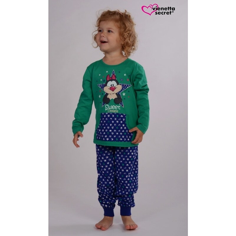 Vienetta Kids Dětské pyžamo dlouhé Tučňák s mašlí - zelená