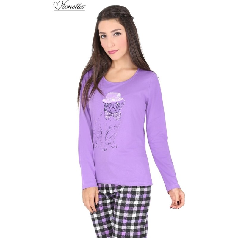 Vienetta Dámské pyžamo dlouhé Bulldog - fialová