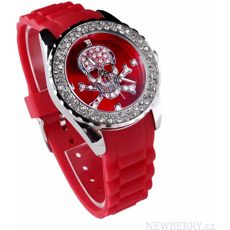 LS Fashion Stylové hodinky s lebkou vykládané kamínky LSW004 červené