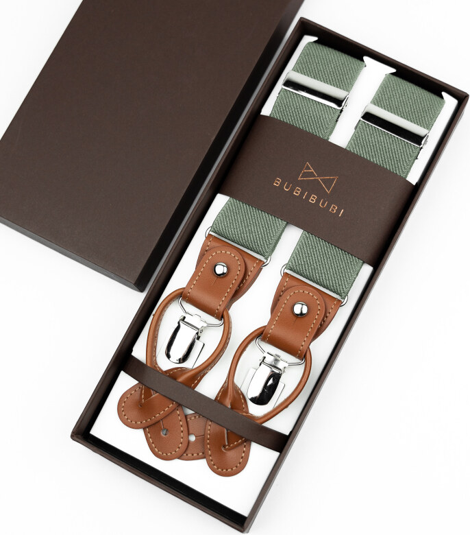 Bubibubi Zelená sada Sage green pro tátu a syna s motýlky a kšandami