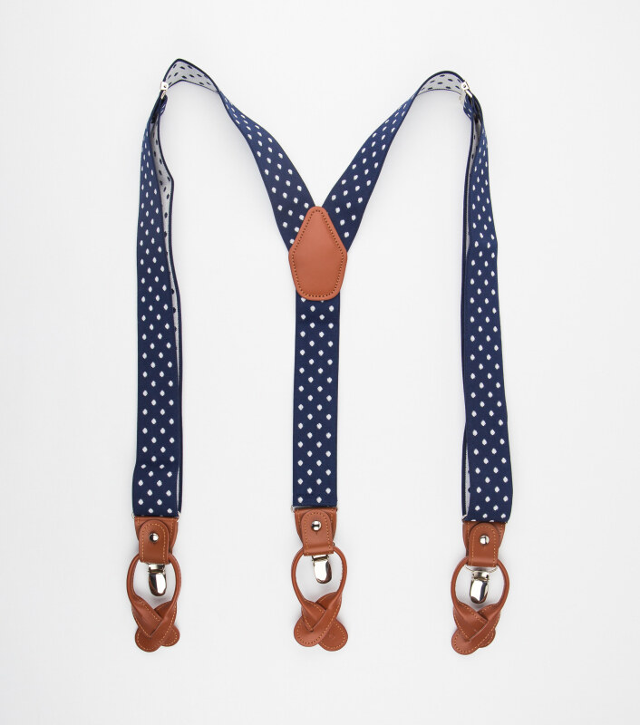 Bubibubi Tmavomodré pánské kšandy s bílými puntíky a hnědými poutky