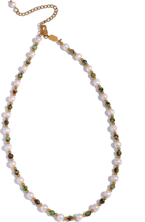 GRACE Jewellery Korálkový náhrdelník sladkovodní perly a epidot, chirurgická ocel