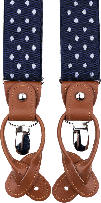 Bubibubi Tmavomodré pánské kšandy s bílými puntíky a hnědými poutky