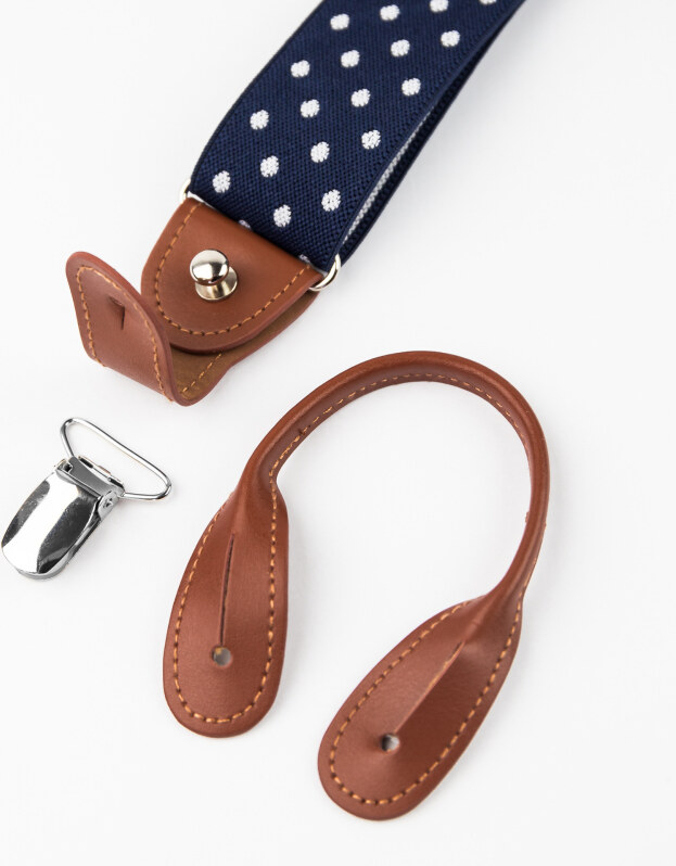 Bubibubi Tmavomodré pánské kšandy s bílými puntíky a hnědými poutky