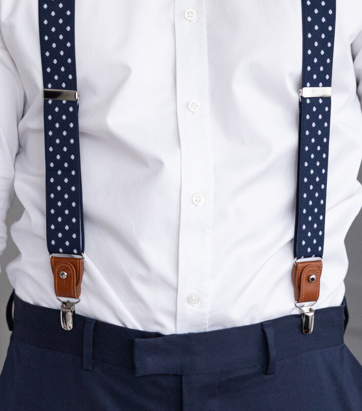 Bubibubi Tmavomodré pánské kšandy s bílými puntíky a hnědými poutky