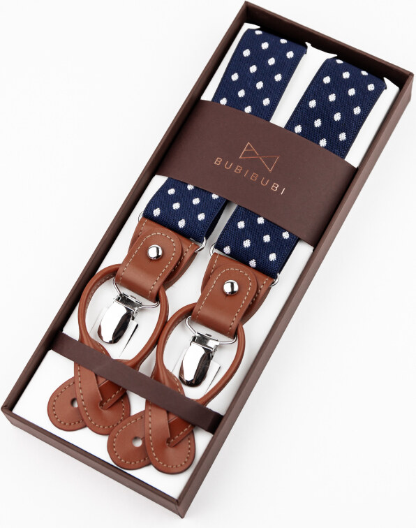 Bubibubi Tmavomodré pánské kšandy s bílými puntíky a hnědými poutky