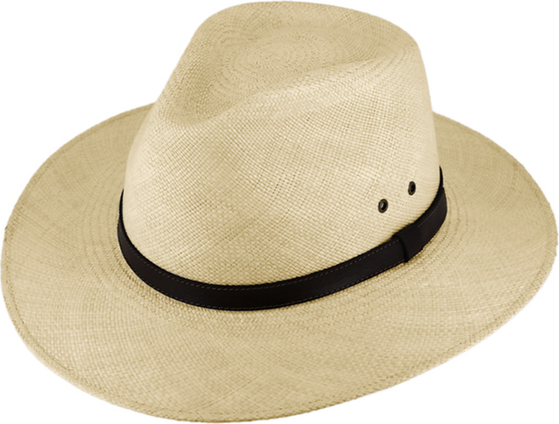 Fiebig Letní panamský klobouk Fedora Béžový - ručně pletený - s koženým páskem