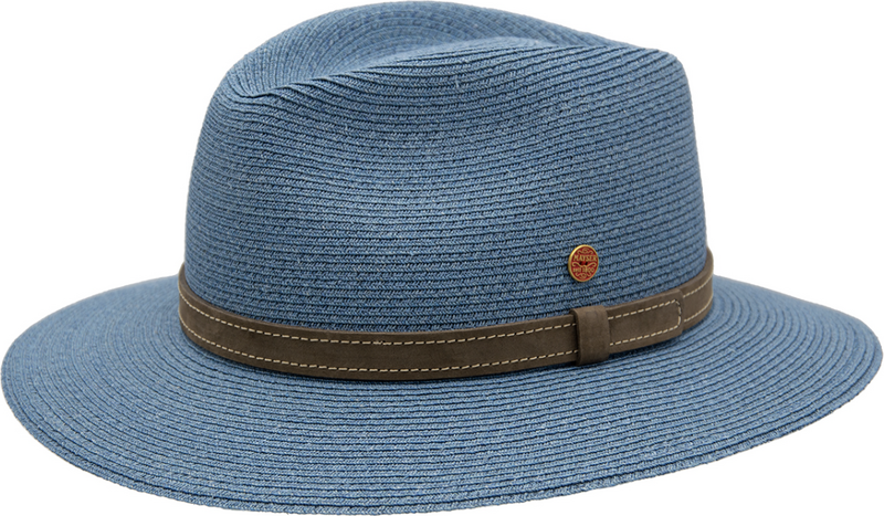 Luxusní nemačkavý modrý klobouk Fedora - ručně šitý, UV faktor 80 - Mayser Mathis