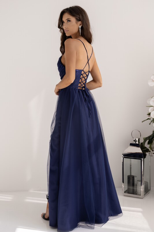 Modré dlouhé šaty s třpytivým topem a tylovou sukní RUBY