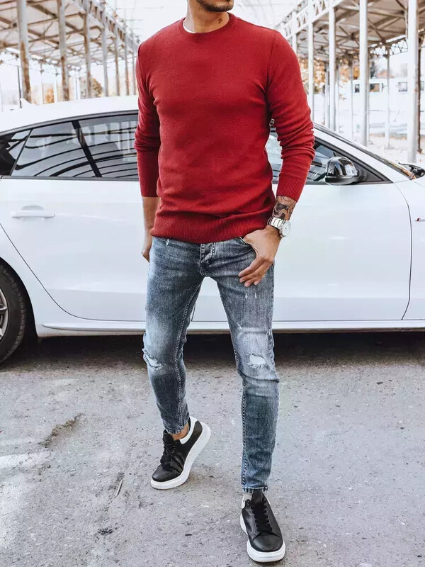 BASIC Tmavě červený pánský svetr Vínová