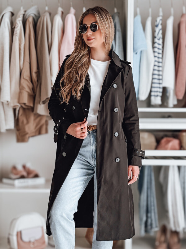 BASIC Černý dlouhý trenčkot s páskem SLIMFOTA Černá