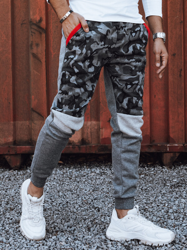 BASIC Tmavě šedé pánské tepláky s maskáčovým vzorem Šedá