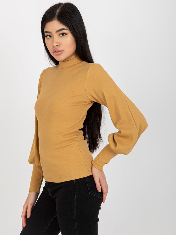 RUE PARIS Béžové žebrované tričko s balónovými rukávy --beige Béžová