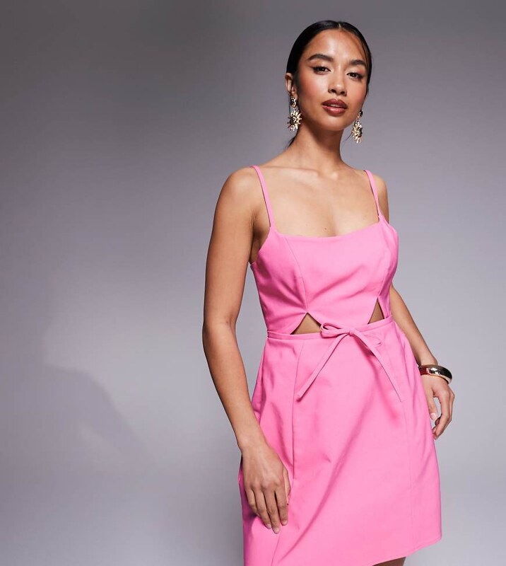 ASOS Petite ASOS DESIGN Petite structured cutout mini dress with bow in pink