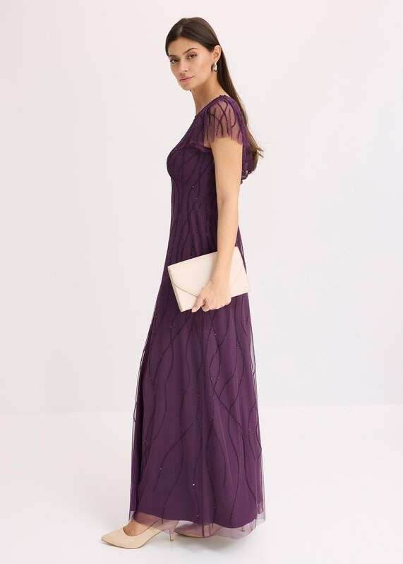 bonprix Maxi šaty z jemného tylu, s perličkovou výšivkou Fialová