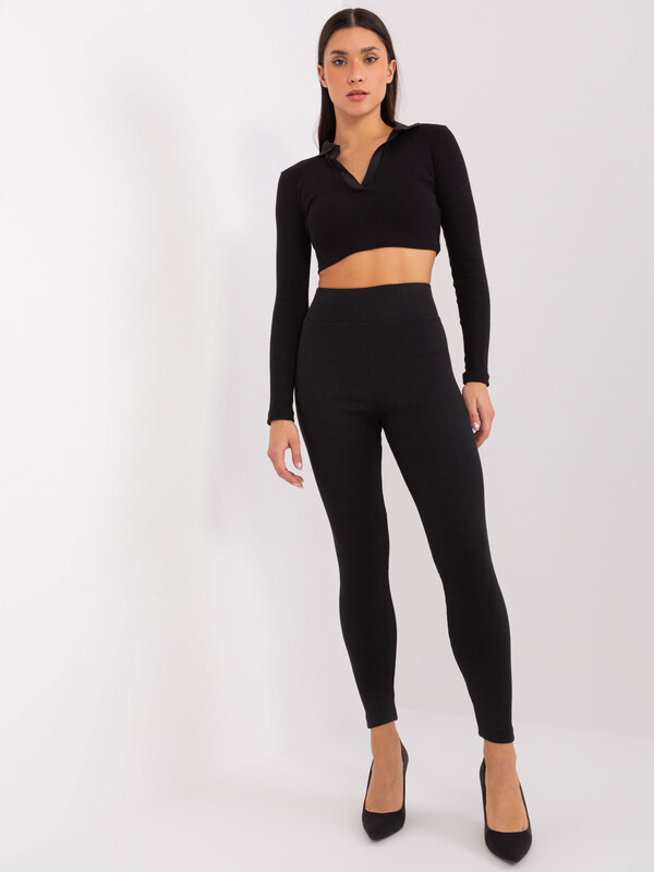 RUE PARIS Černé žebrované legíny s vysokým pasem -black Černá