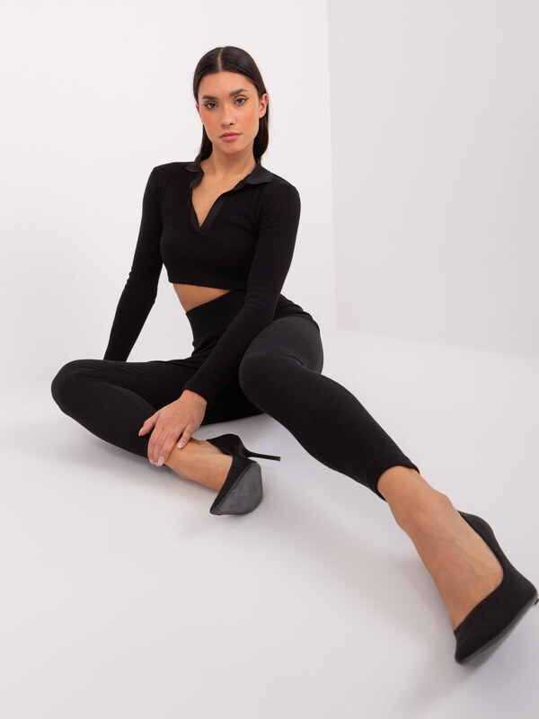 RUE PARIS Černé žebrované legíny s vysokým pasem -black Černá