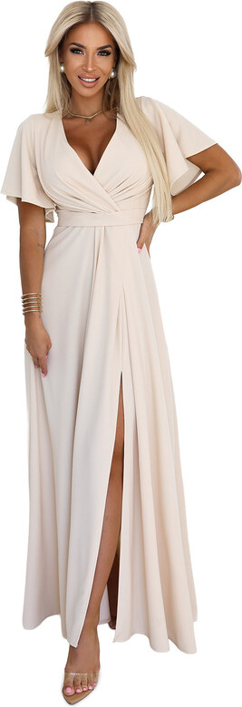 numoco 581-6 JENNIFER dlouhé šaty s rozparkem na nohou, rukávy a výstřihem - BEACH