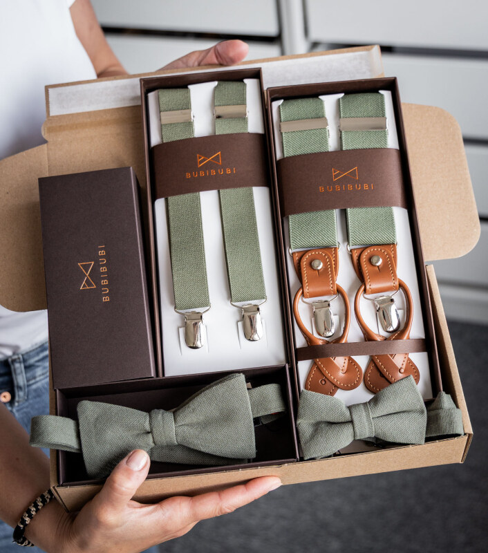 Bubibubi Zelená sada Sage green pro tátu a syna s motýlky a kšandami