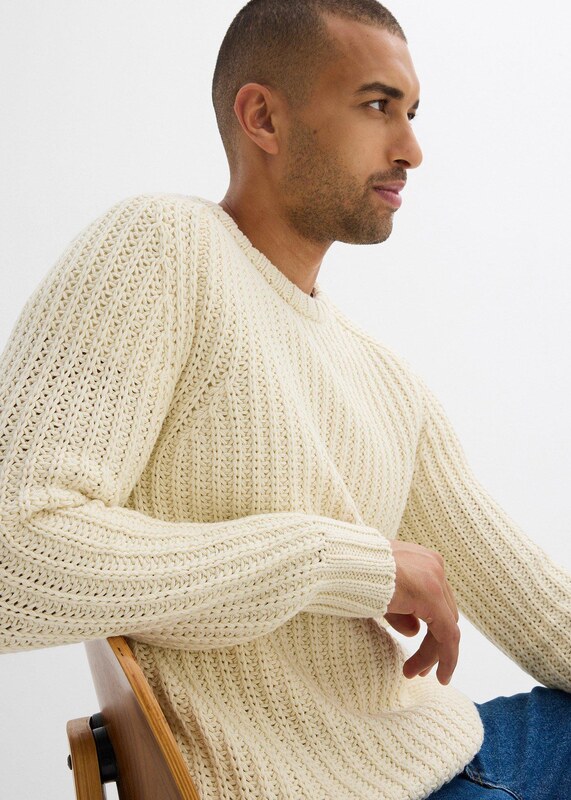 bonprix Svetr z hrubé pleteniny z měkké bavlněné směsi béžová Muž