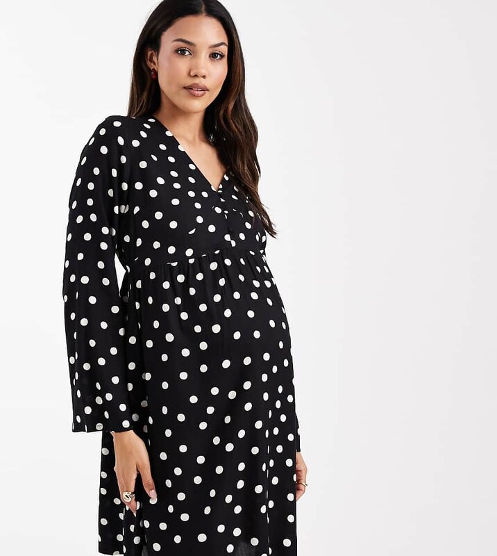 Mama.licious Mamalicious Maternity button front nursing friendly mini dress in black polka dot print