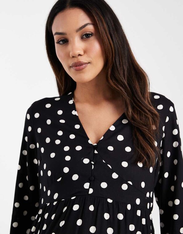 Mama.licious Mamalicious Maternity button front nursing friendly mini dress in black polka dot print