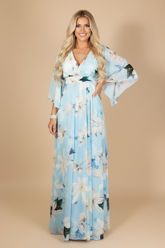 EVA & LOLA Společenské květované Šaty NATALIA modré Barva: Světle modrá,