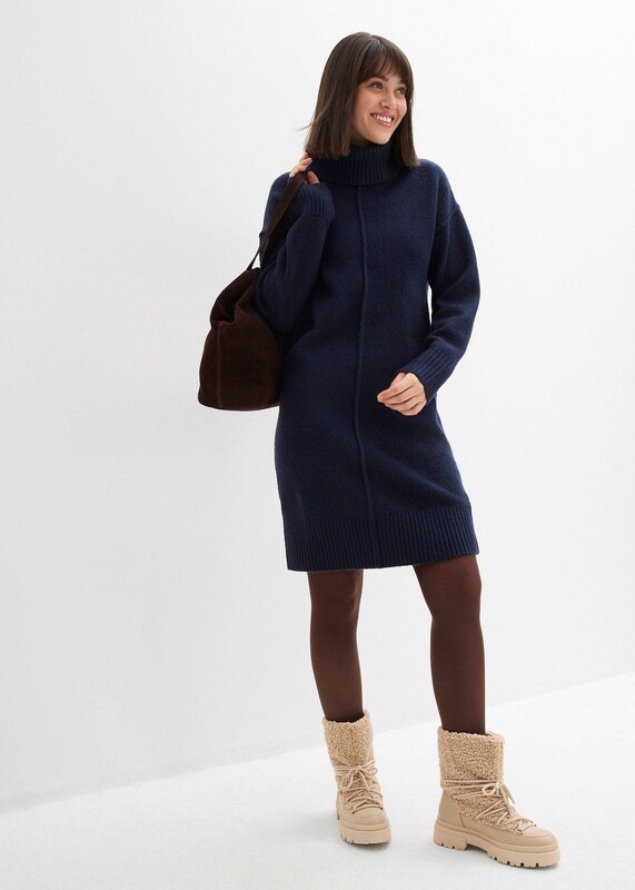 bonprix Pletené šaty s ozdobným švem Modrá