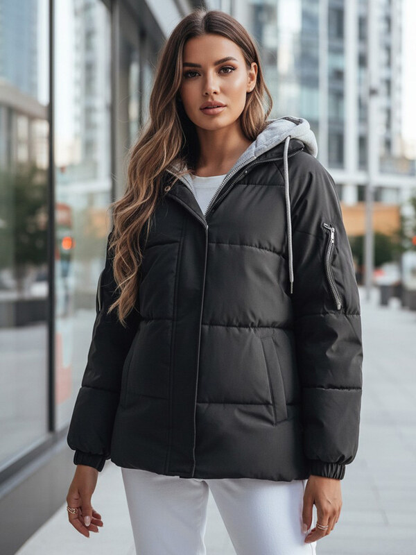 BASIC Černá prošívaná bunda s textilní kapucí SPACE