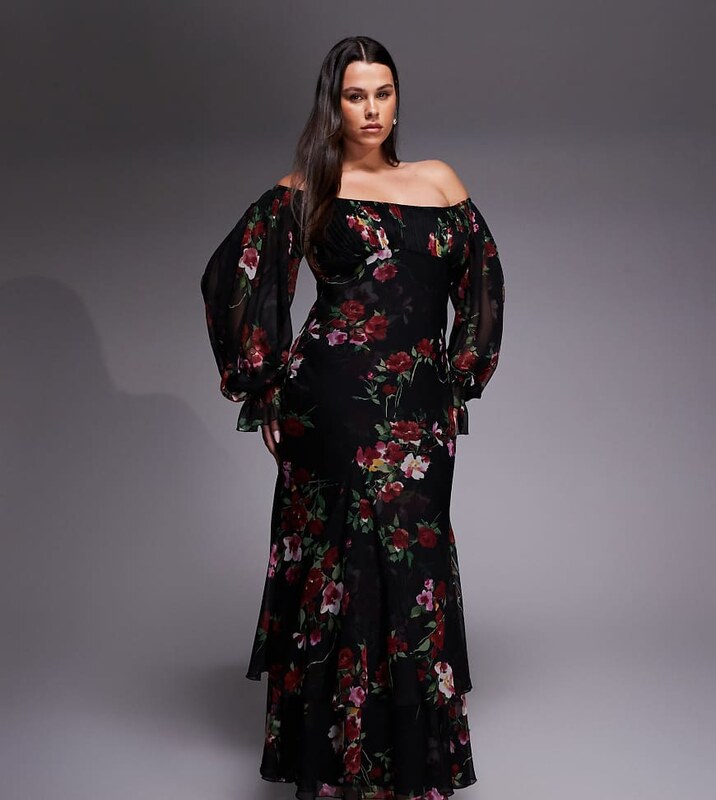 ASOS Curve ASOS DESIGN Curve bardot ruffle maxi dress with tiered godets and blouson sleeves in floral print-Multi