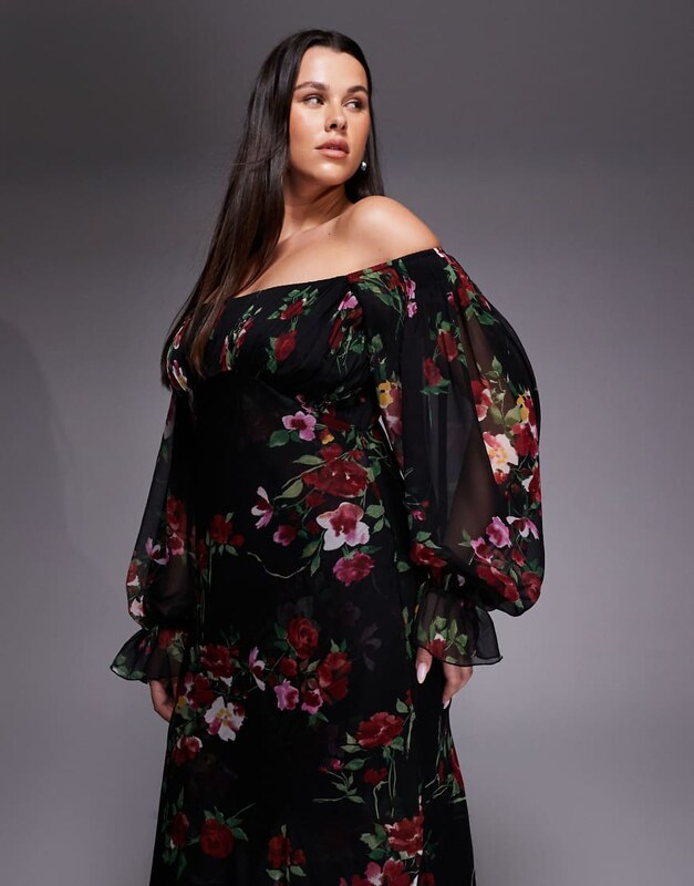 ASOS Curve ASOS DESIGN Curve bardot ruffle maxi dress with tiered godets and blouson sleeves in floral print-Multi