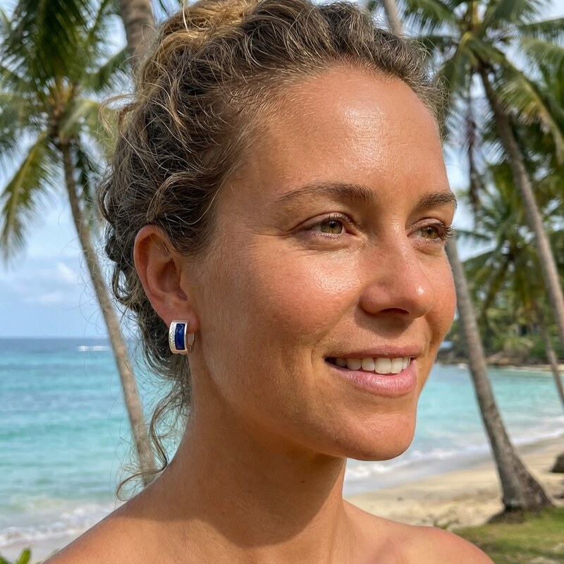 Ewena Náušnice ocelové se skleněným proužkem modrá